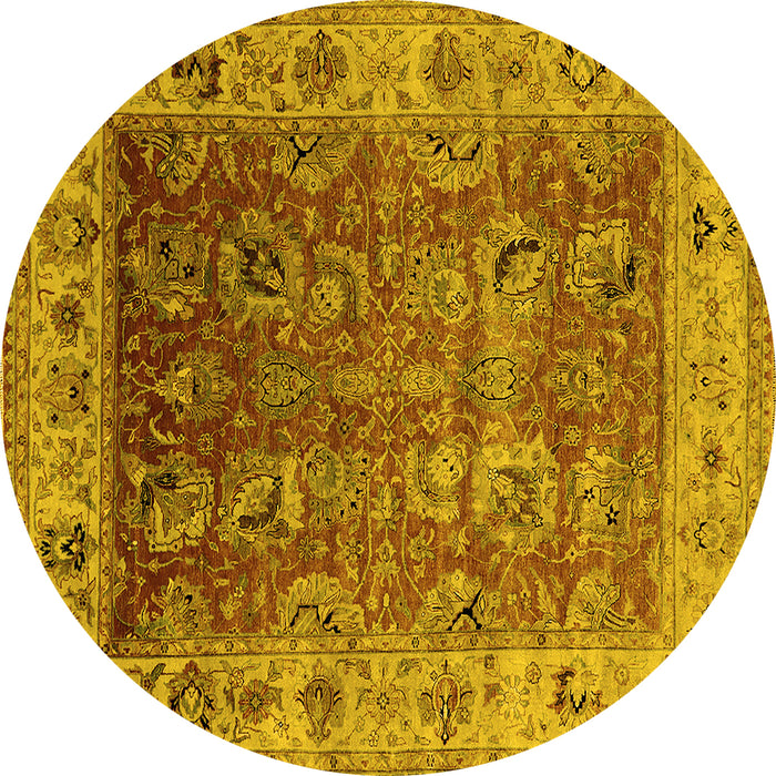 Round Machine Washable Oriental Yellow Traditional Rug, wshurb2497yw
