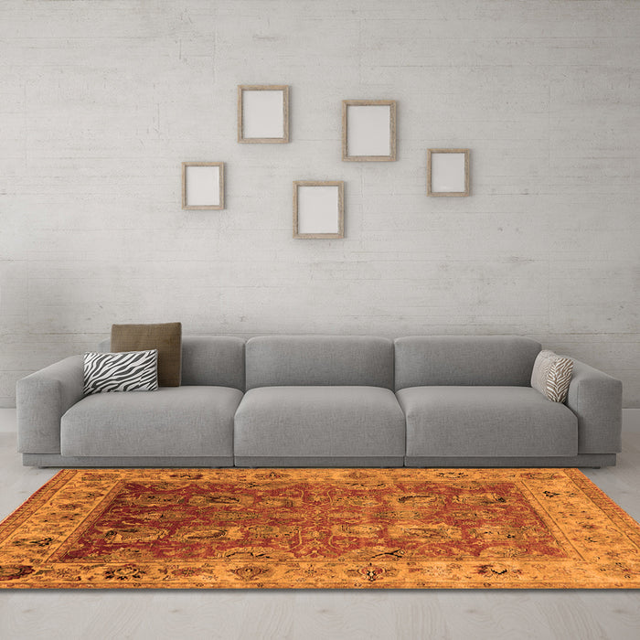 Machine Washable Oriental Orange Traditional Area Rugs in a Living Room, wshurb2497org