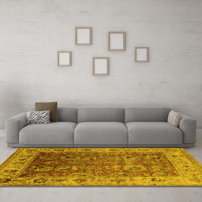 Machine Washable Oriental Yellow Traditional Rug in a Living Room, wshurb2497yw