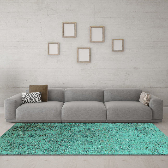 Machine Washable Oriental Turquoise Industrial Area Rugs in a Living Room,, wshurb2499turq