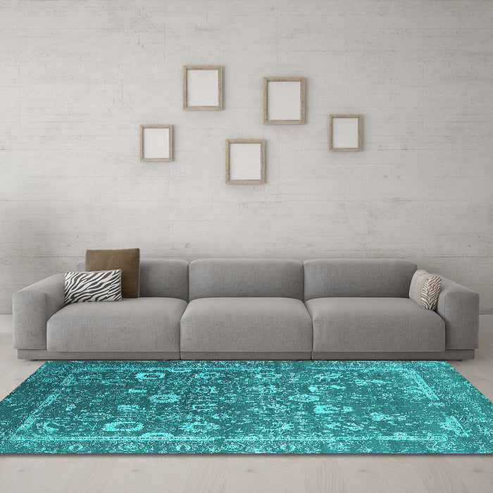 Machine Washable Oriental Turquoise Industrial Area Rugs in a Living Room,, wshurb2500turq