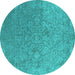 Round Machine Washable Oriental Turquoise Industrial Area Rugs, wshurb2509turq