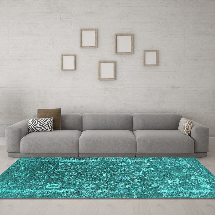 Machine Washable Oriental Turquoise Industrial Area Rugs in a Living Room,, wshurb2519turq