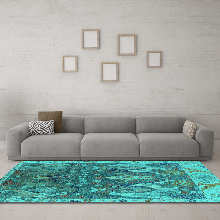 Machine Washable Oriental Turquoise Industrial Area Rugs in a Living Room,, wshurb2520turq