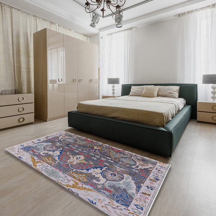 Mid-Century Modern Purple Oriental Rug in a Bedroom, urb2520