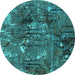 Round Machine Washable Oriental Turquoise Industrial Area Rugs, wshurb2523turq