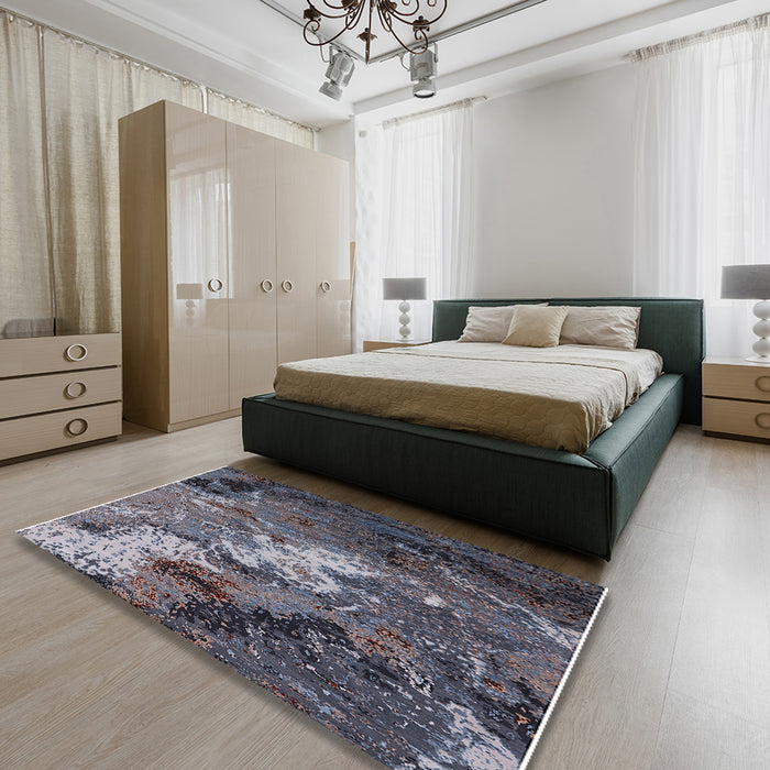 Mid-Century Modern Charcoal Blue Oriental Rug in a Bedroom, urb2524