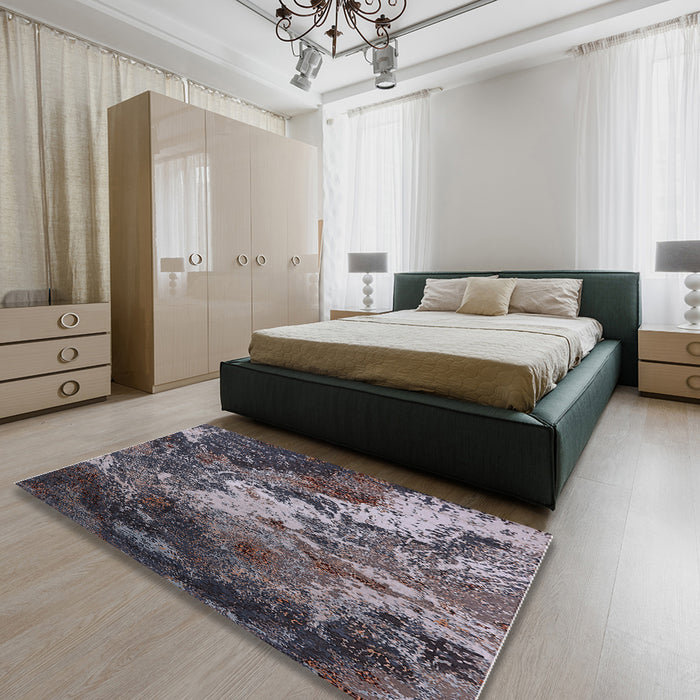 Mid-Century Modern Rosy Brown Pink Oriental Rug in a Bedroom, urb2527