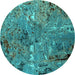 Round Machine Washable Oriental Turquoise Industrial Area Rugs, wshurb2530turq