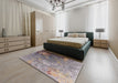 Mid-Century Modern Khaki Rose Pink Oriental Rug in a Bedroom, urb2534