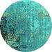 Round Machine Washable Oriental Turquoise Industrial Area Rugs, wshurb2534turq