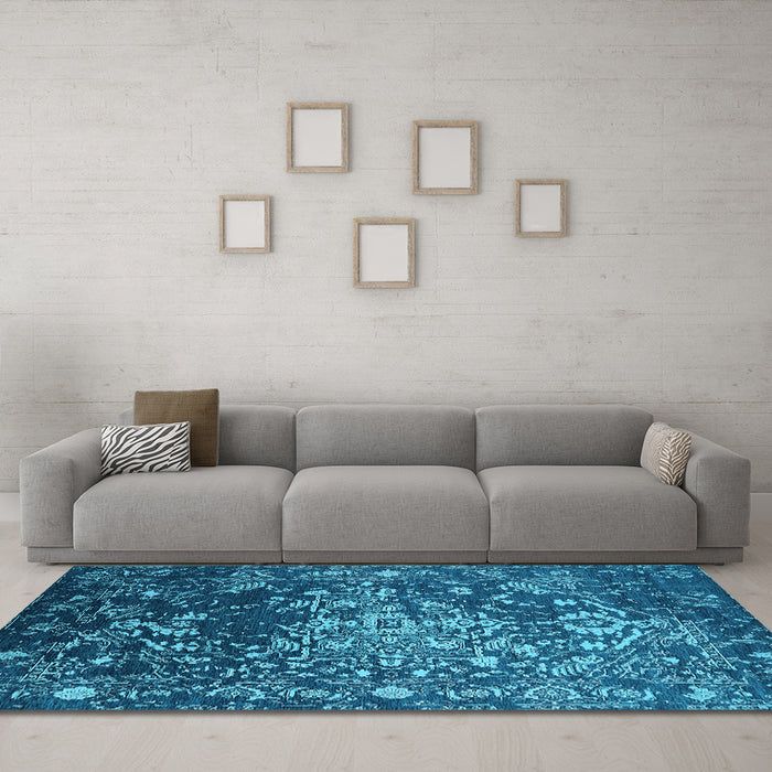 Machine Washable Oriental Light Blue Industrial Rug in a Living Room, wshurb2537lblu