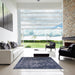 Square Mid-Century Modern Dark Slate Blue Oriental Rug in a Living Room, urb2537