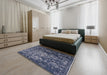 Mid-Century Modern Dark Slate Blue Oriental Rug in a Bedroom, urb2537