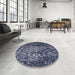 Round Mid-Century Modern Dark Slate Blue Oriental Rug in a Office, urb2537