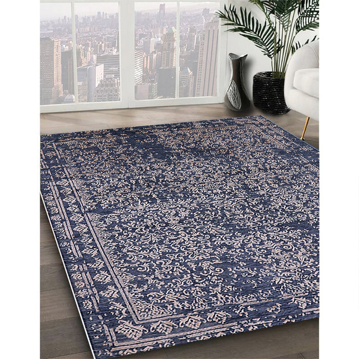 Mid-Century Modern Dark Slate Blue Oriental Rug in Family Room, urb2545