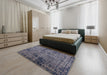 Mid-Century Modern Dark Slate Blue Oriental Rug in a Bedroom, urb2545