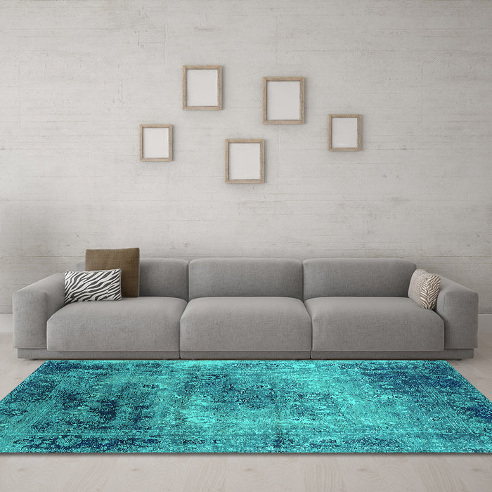 Machine Washable Oriental Turquoise Industrial Area Rugs in a Living Room,, wshurb2546turq