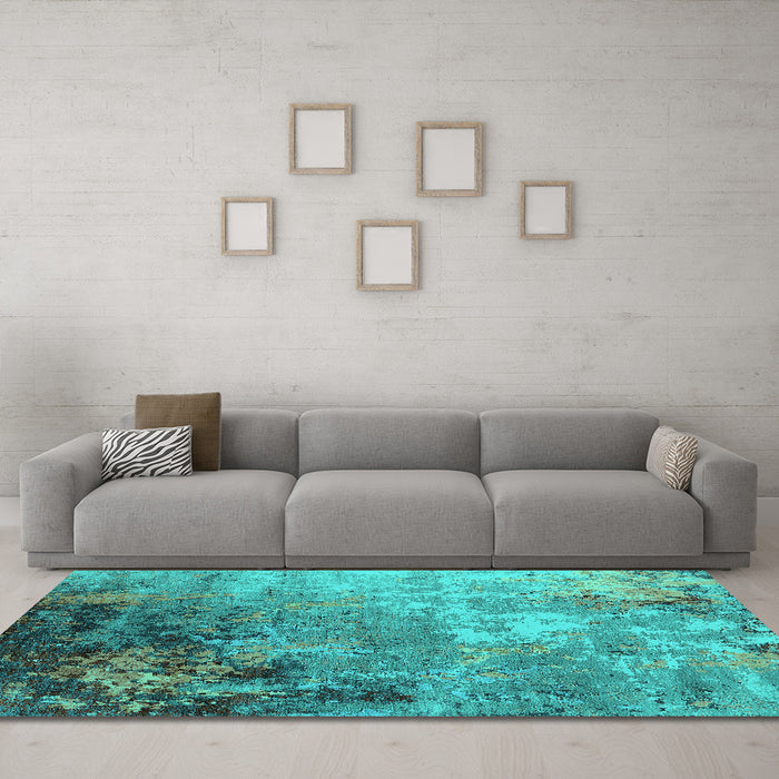 Machine Washable Oriental Turquoise Industrial Area Rugs in a Living Room,, wshurb2553turq