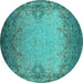 Round Machine Washable Oriental Turquoise Industrial Area Rugs, wshurb2554turq
