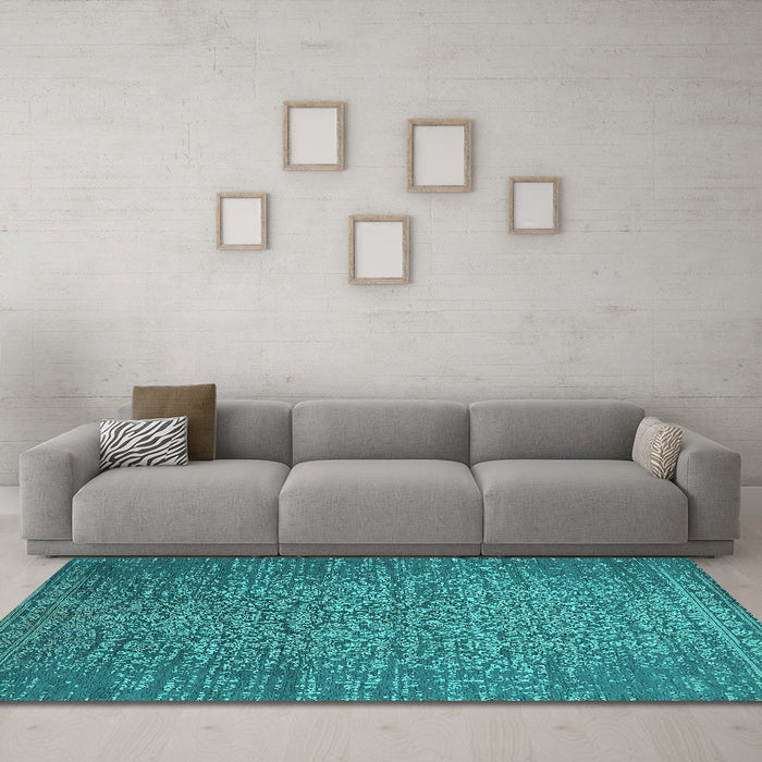 Machine Washable Oriental Turquoise Industrial Area Rugs in a Living Room,, wshurb2555turq