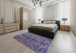 Mid-Century Modern Dark Slate Blue Purple Oriental Rug in a Bedroom, urb2557