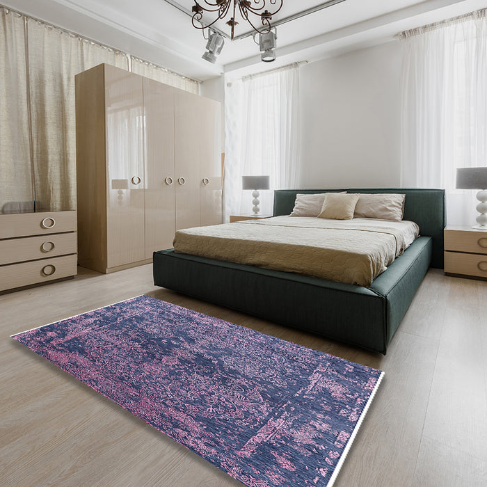 Machine Washable Industrial Modern Dark Slate Blue Purple Rug in a Bedroom, wshurb2557