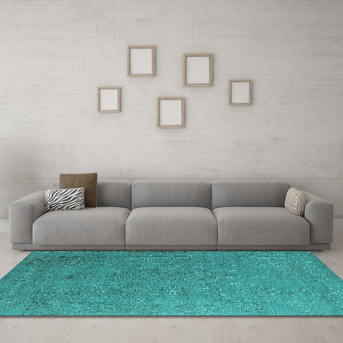 Machine Washable Oriental Turquoise Industrial Area Rugs in a Living Room,, wshurb2561turq