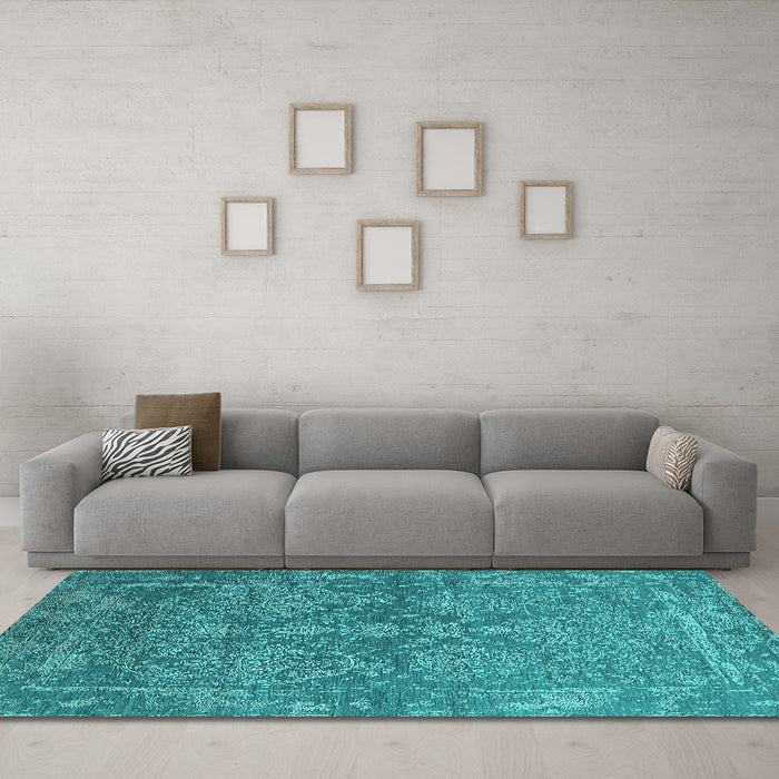 Machine Washable Oriental Turquoise Industrial Area Rugs in a Living Room,, wshurb2563turq