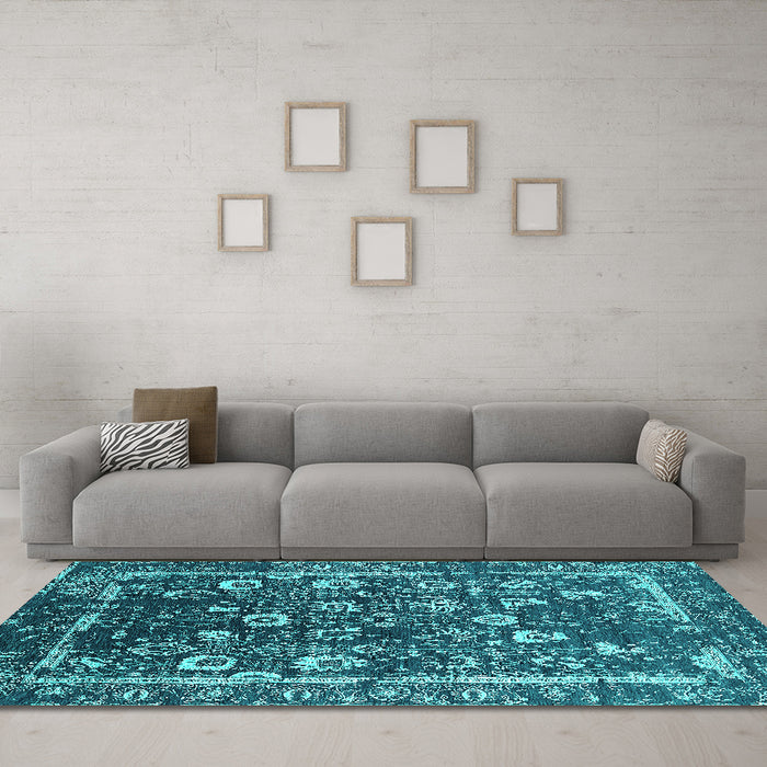 Machine Washable Oriental Turquoise Industrial Area Rugs in a Living Room,, wshurb2565turq