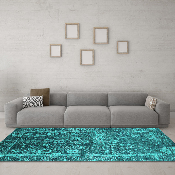 Machine Washable Oriental Turquoise Industrial Area Rugs in a Living Room,, wshurb2573turq