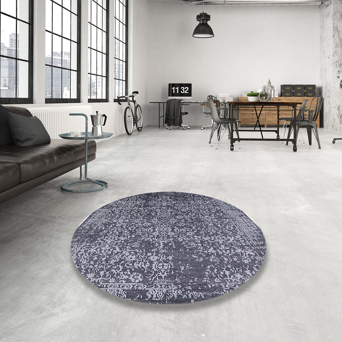 Round Machine Washable Industrial Modern Charcoal Blue Rug in a Office, wshurb2576