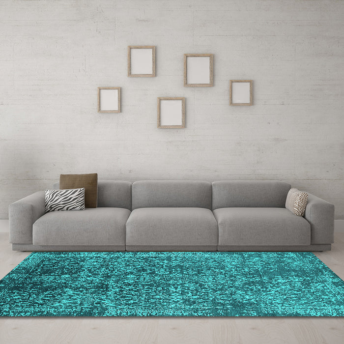 Machine Washable Oriental Turquoise Industrial Area Rugs in a Living Room,, wshurb2576turq