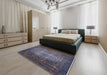 Mid-Century Modern Dark Slate Blue Oriental Rug in a Bedroom, urb2581