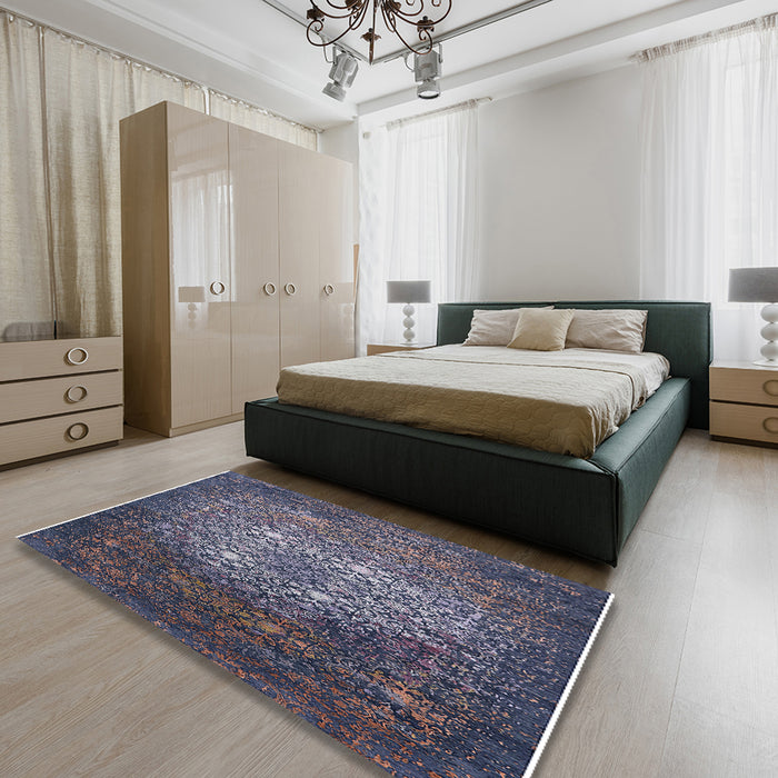 Mid-Century Modern Dark Slate Blue Oriental Rug in a Bedroom, urb2581
