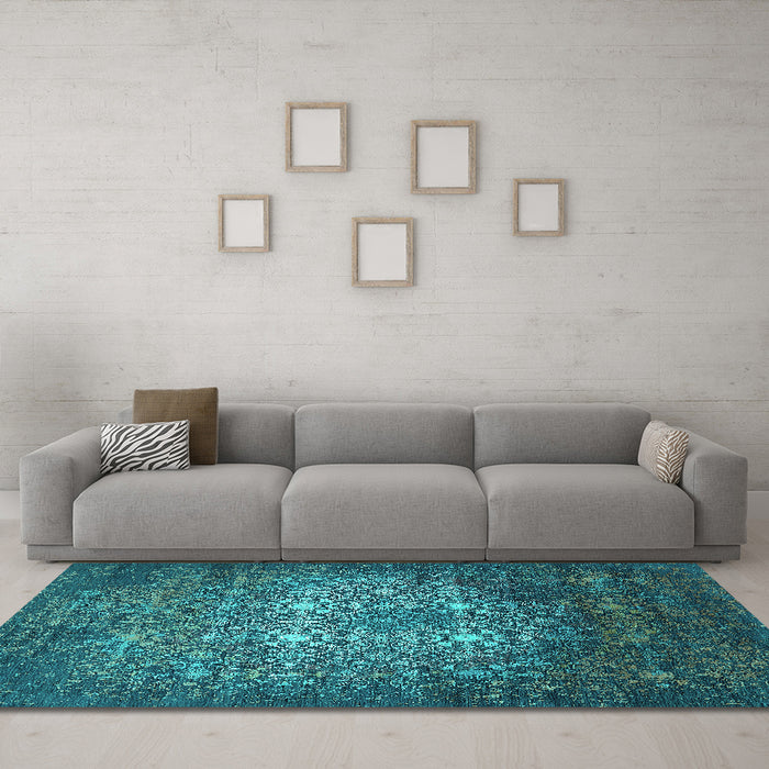 Machine Washable Oriental Turquoise Industrial Area Rugs in a Living Room,, wshurb2581turq