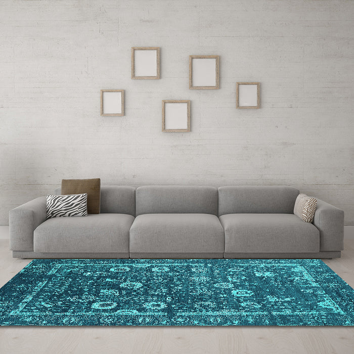 Machine Washable Oriental Turquoise Industrial Area Rugs in a Living Room,, wshurb2583turq