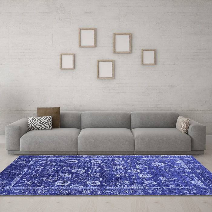 Machine Washable Oriental Blue Industrial Rug in a Living Room, wshurb2583blu
