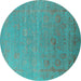 Round Machine Washable Oriental Turquoise Industrial Area Rugs, wshurb2586turq