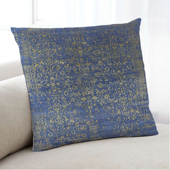 Lifestyle Image of Mid-Century Modern Urban Square Denim Dark Blue Throw Pillow, 18 inch by 18 inch, pwurb2587