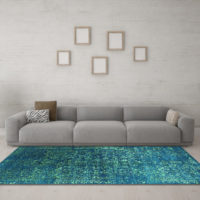 Machine Washable Oriental Turquoise Industrial Area Rugs in a Living Room,, wshurb2587turq