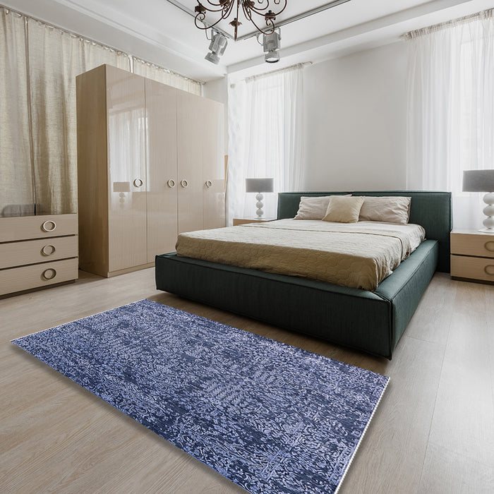Mid-Century Modern Blue Oriental Rug in a Bedroom, urb2589