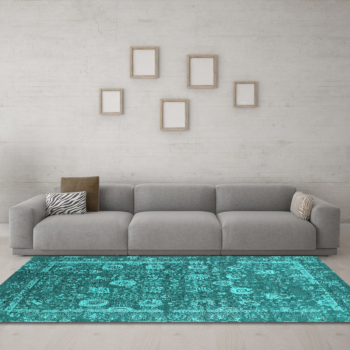 Machine Washable Oriental Turquoise Industrial Area Rugs in a Living Room,, wshurb2598turq