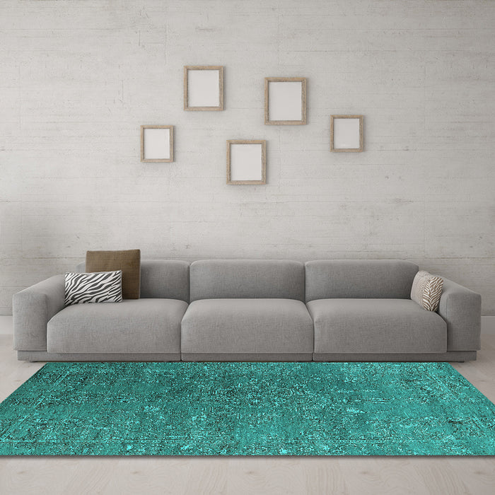 Machine Washable Oriental Turquoise Industrial Area Rugs in a Living Room,, wshurb2599turq