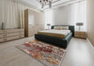 Mid-Century Modern Dark Sienna Brown Oriental Rug in a Bedroom, urb2605