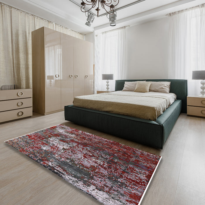 Mid-Century Modern Gunmetal Gray Oriental Rug in a Bedroom, urb2606