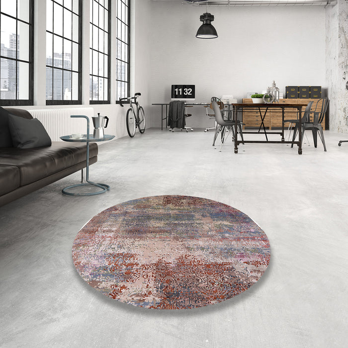 Round Machine Washable Industrial Modern Khaki Rose Pink Rug in a Office, wshurb2617