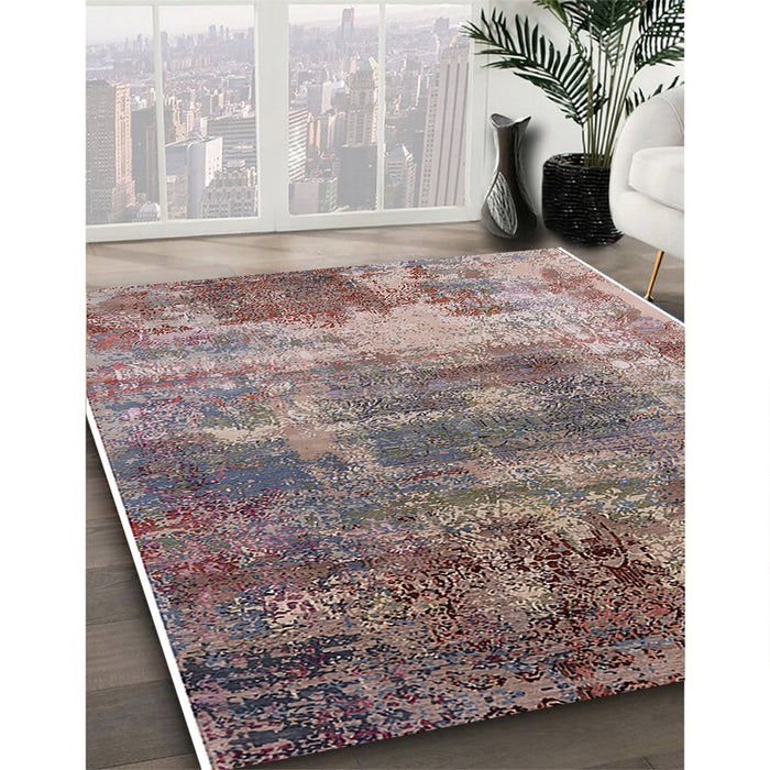 Mid-Century Modern Khaki Rose Pink Oriental Rug in Family Room, urb2617