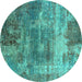 Round Machine Washable Oriental Turquoise Industrial Area Rugs, wshurb2617turq