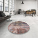 Round Mid-Century Modern Khaki Rose Pink Oriental Rug in a Office, urb2617